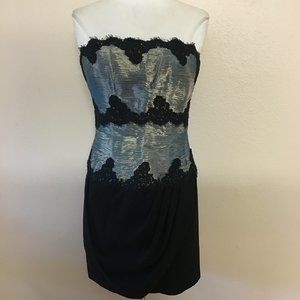 Chris Kole Strapless Black Lace Blue iridescent ruched bodice cocktail dress nye